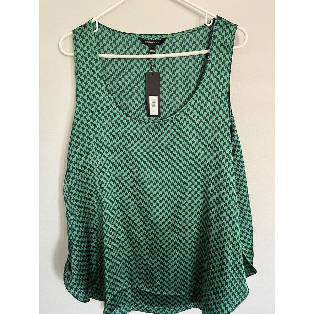 Banana Republic Flowy Tank Top Blouse Womens L Green Houndstooth NWT